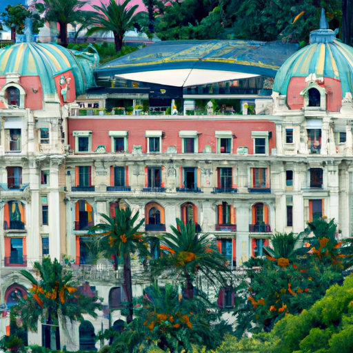 1. נוף מפואר של מלון דה פריז ההיסטורי במונקו, המציג את הארכיטקטורה המפוארת שלו.