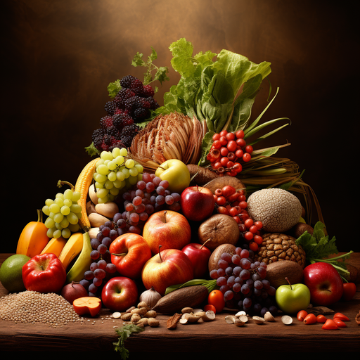 תמונה המתארת מגוון של פירות, ירקות ודגנים מלאים - התגלמות של תזונה מאוזנת.