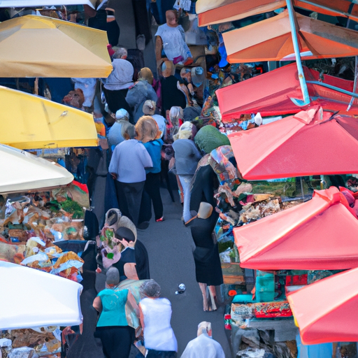 A panoramic view of the bustling Carmel Market, showcasing a variety of fresh produce and local delicacies.