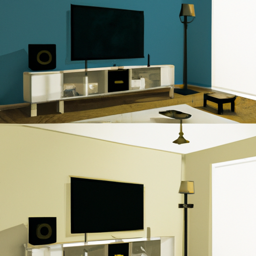 3. תמונה השוואתית המציגה חדר עם מעמד טלוויזיה מסורתי ואת אותו חדר עם טלוויזיה מותקנת על זרוע.